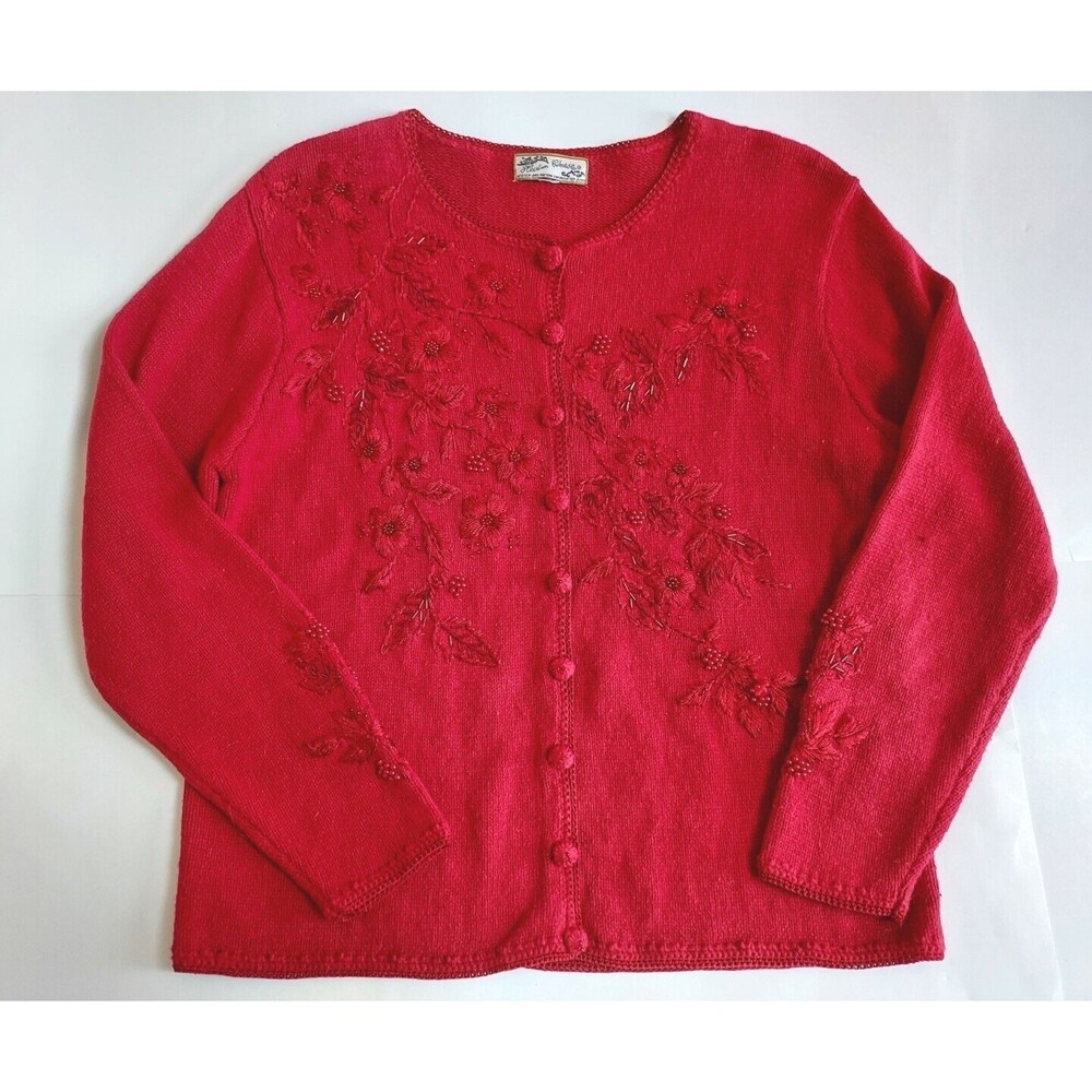 Ladies Heirloom Collectibles Vintage 2003 Red Beaded Embroidered Sweater Large